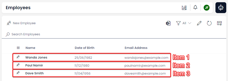 A screenshot that provides an example table as described above. It is titled &quot;Employees&quot; and contains three columns: Name, DOB, and Email. The table contains some example data, where a fake name, DOB, and Email have been filled in. It is annotated in red. Three red boxes show that each item in a table resembles a row, and each piece of data resembles a column. The three example items are labelled: item 1, item 2, item 3, to help indicate that they are all separate entities.